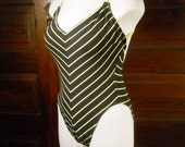 Neon Striped Black Swimsuit 1980s New Wave Pin Up by Robin Piccone