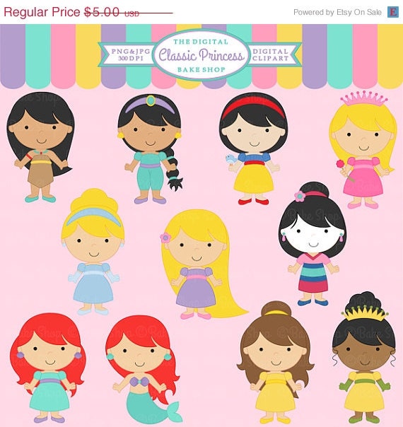 30% OFF princess clipart rapunzel snow white cinderella pocahontas mulan clip art digital - Classic Princess Clipart