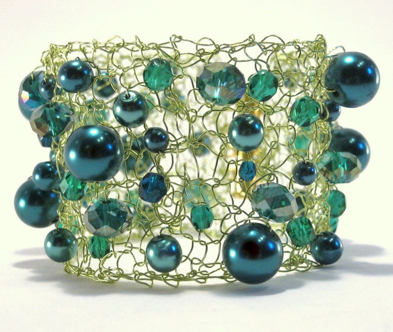 Teal Green Bracelet, Knitted Wire Bracelet, Beaded Jewelry, Teal and Emerald Greens