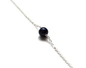 Pearl Solitaire Necklace, Deep Blue/Black Freshwater, Delicate Silver Chain