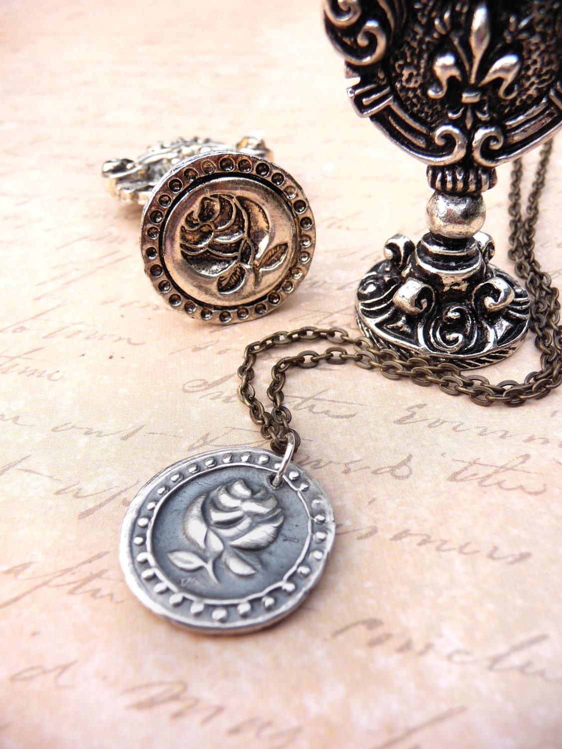 Rose wax seal jewelry necklace pendant victorian style handmade from recycled fine silver