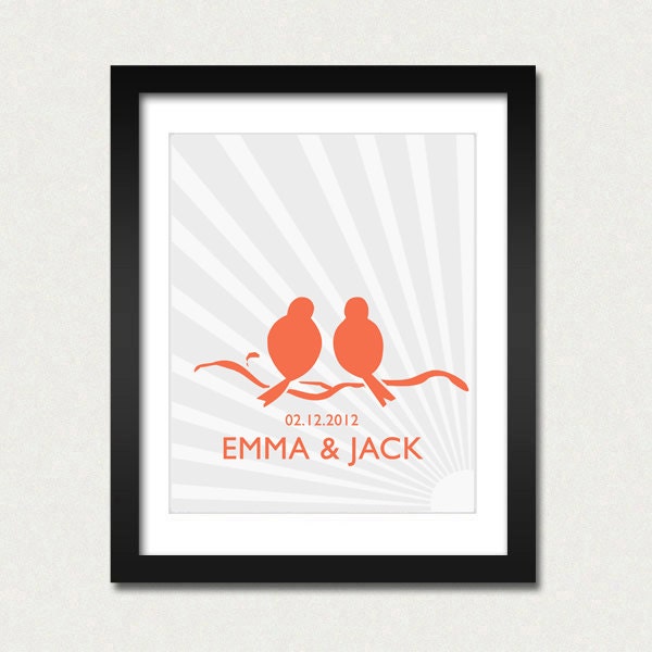 Save the Date 8 x 10 inch Personelized Art Print with your names and date, birds in love SALE buy 2 get 3
