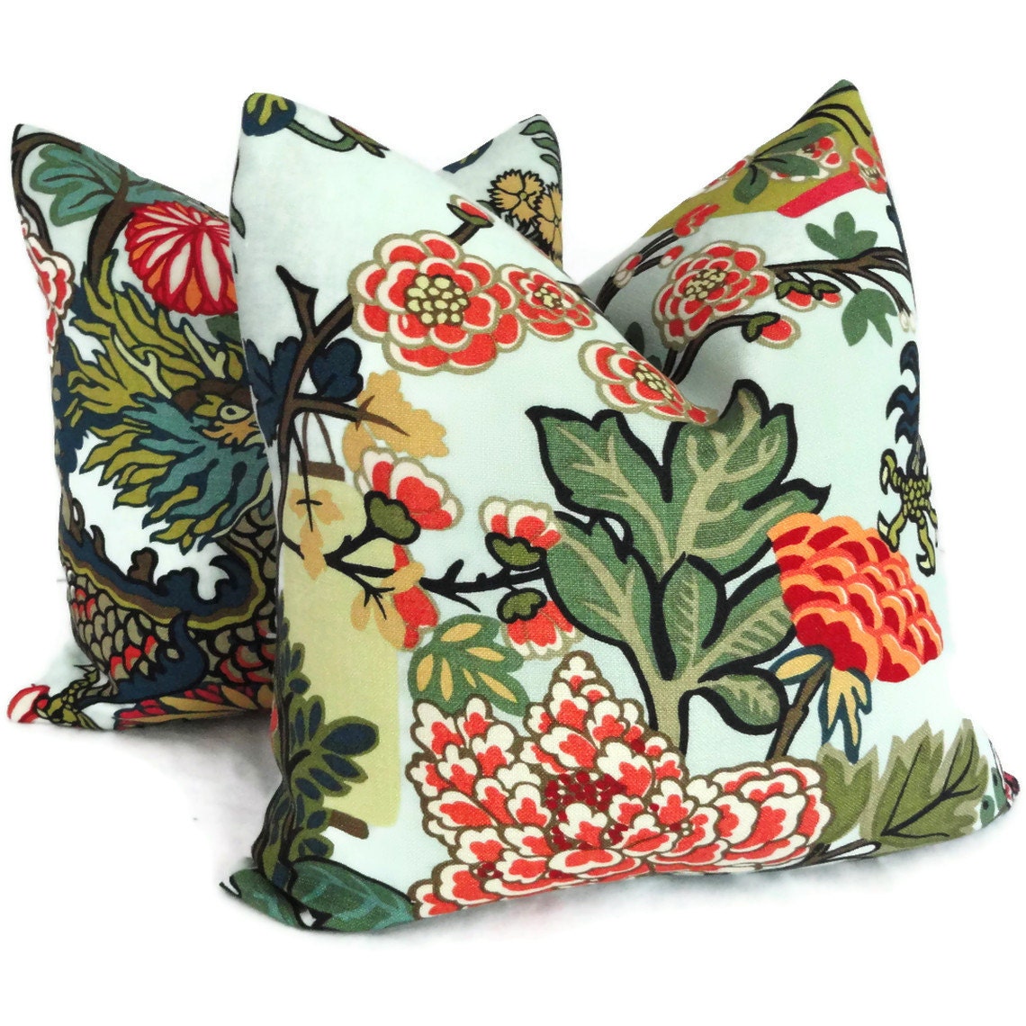 Pair of Aquamarine Schumacher Chiang Mai Dragon Decorative Pillow Covers, Toss Pillows, Accent Pillows, Throw Pillows