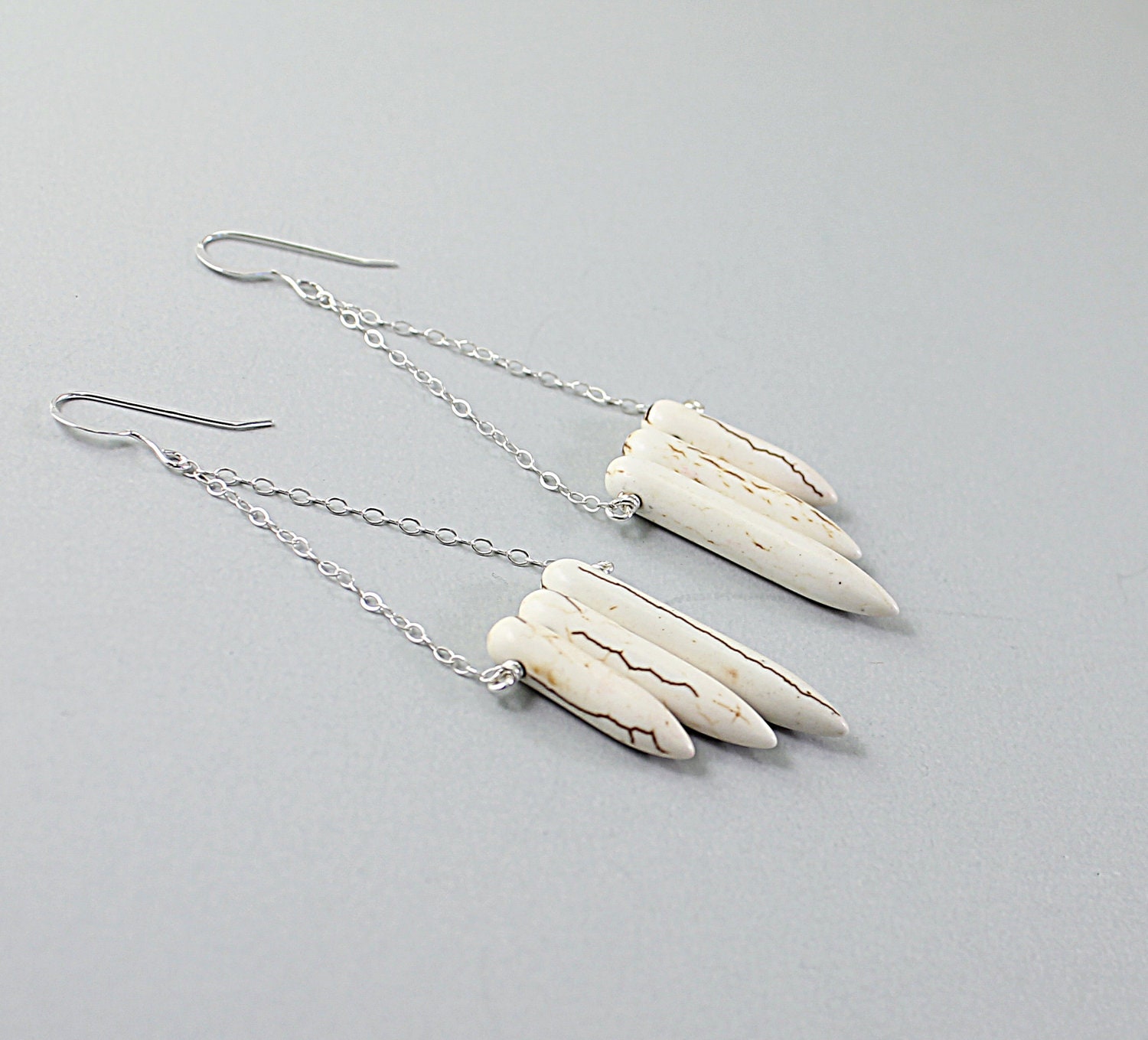 White turquoise earrings: sterling silver earrings spike inspired by native american earrings chain long earrings