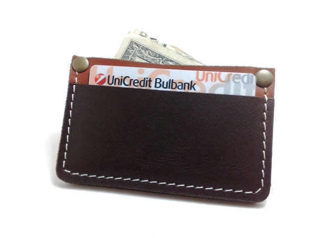NEW handmade dark brown and camel-brown genuine leather Wallet  card holder case holds 2-4 cards, some cash/ free monogram , personalized
