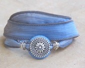 Hand-painted Sapphire Blue Silk Ribbon Whirly Wrap Bracelet with silver button accent