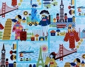 Kawaii Fabric, Wanderlust in natural cream , Conversational Fabric  (1 yard) BUY MORE & SAVE