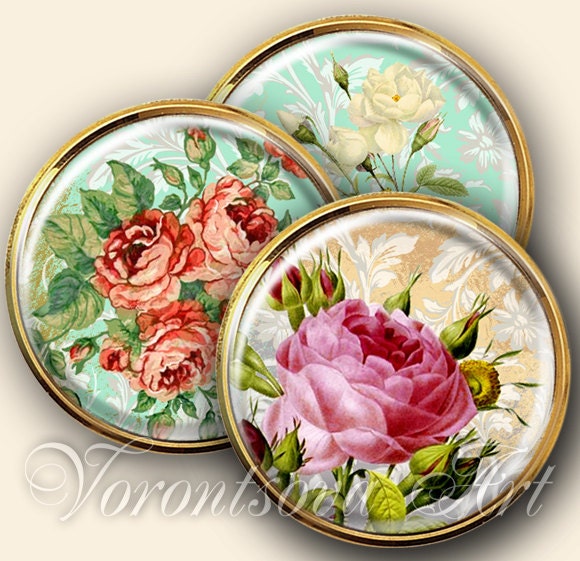 Printable image VINTAGE ROSES 2.5 inch circles digital collage sheet for pocket mirrors, magnets, cupcake toppers, scrapbooking v86002