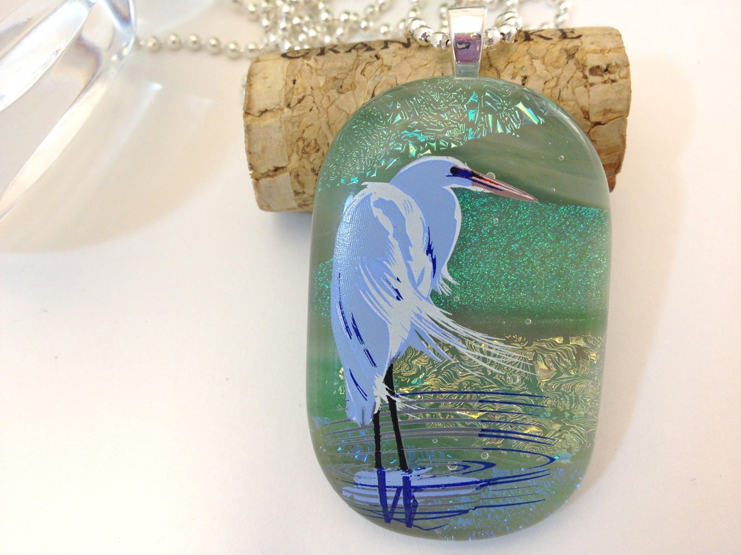Fused Dichroic Glass Necklace Pendant White Crane in Green Gold Blue  Statement Jewelry  033