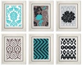 Set of Six Modern/Vintage Turquoise/Beige Wall Art - 8x11 Print Set - Home Decor - For Home (Unframed)