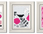 Set of Three Modern/Vintage Pink/Gray Art Print - 8x11  Print Set- Home Decor (Unframed)