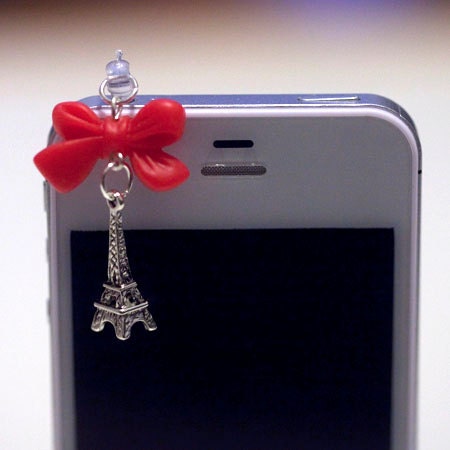 Kawaii MIni Eiffel Tower with Dark Pink Ribbon Iphone Earphone Plug/Dust Plug