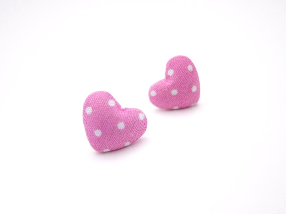 Fabric pink heart polka dots earrings