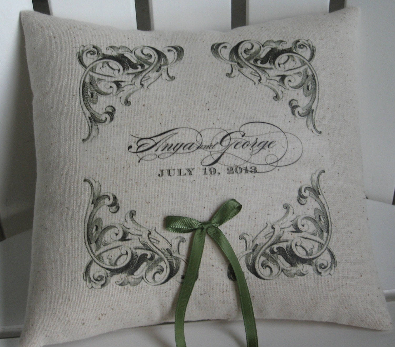 Paris Ring Bearer Pillow - Personalized, Custom Lettering, Wedding, Flower Girl, Pillows, French Country, Green, Olive, Jade, French Script
