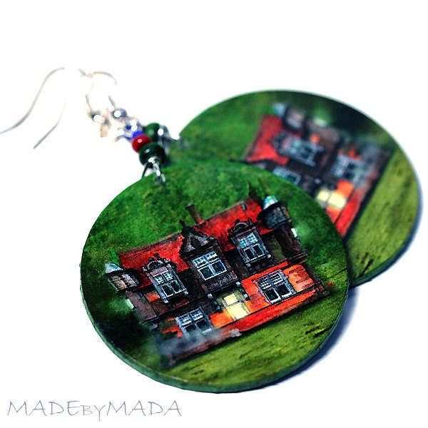 Victorian House Earrings Green Wearing Art 2-sided  Round Jewelry, diameter 4cm (1,57 inch) , Limited Edition