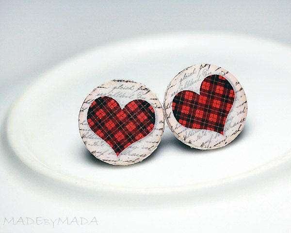 Checkered Hearts Post Earrings Christmas Jewelry red white, Gift for her under 15