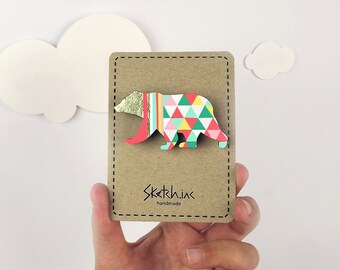 Geometric Bear Brooch Neon 'Harlequin Bear'