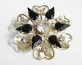 Vintage Black Rhinestone Flower Brooch 60s