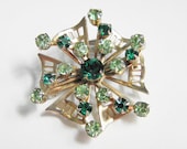 Vintage Emerald Rhinestone Filigree Brooch Pendant 40s