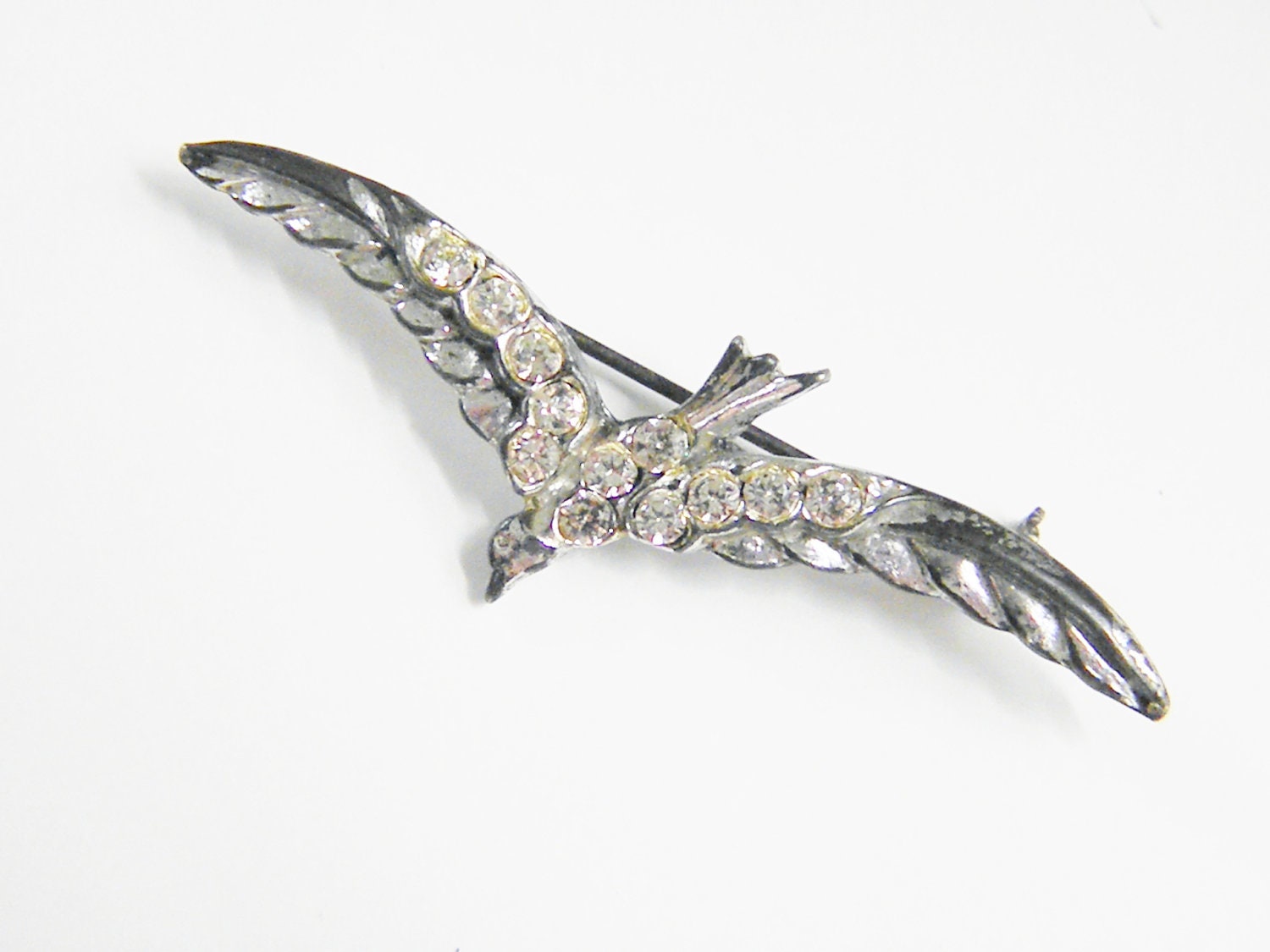 Vintage Clear Rhinestone Bird in Flight Brooch, 40s
