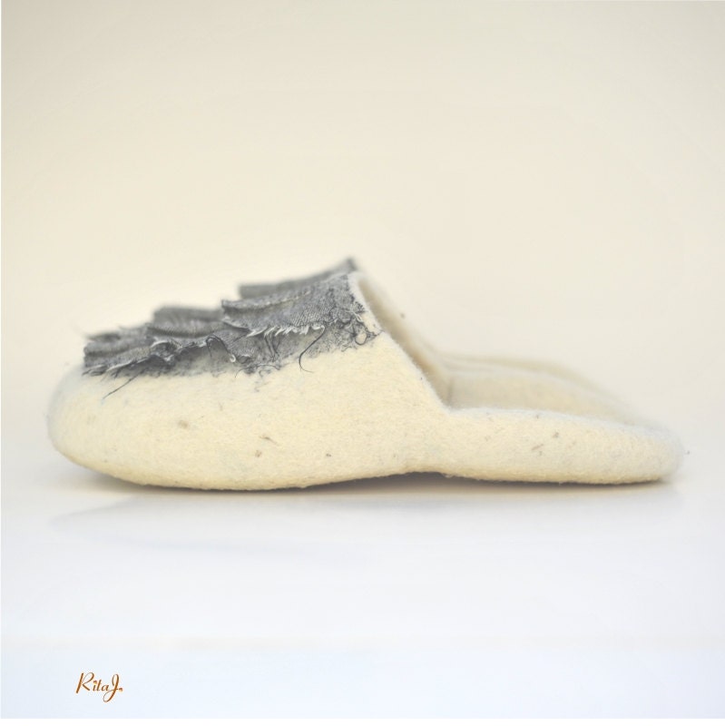 White natural wool felted slippers  CRAZY