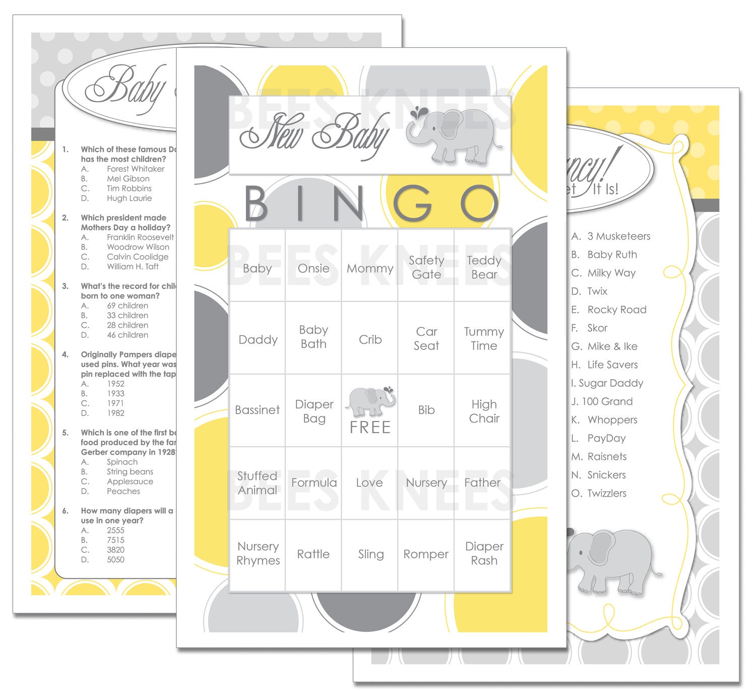 Baby Shower Games Set of Three games Bingo - Candy Bar Game - Baby Trivia