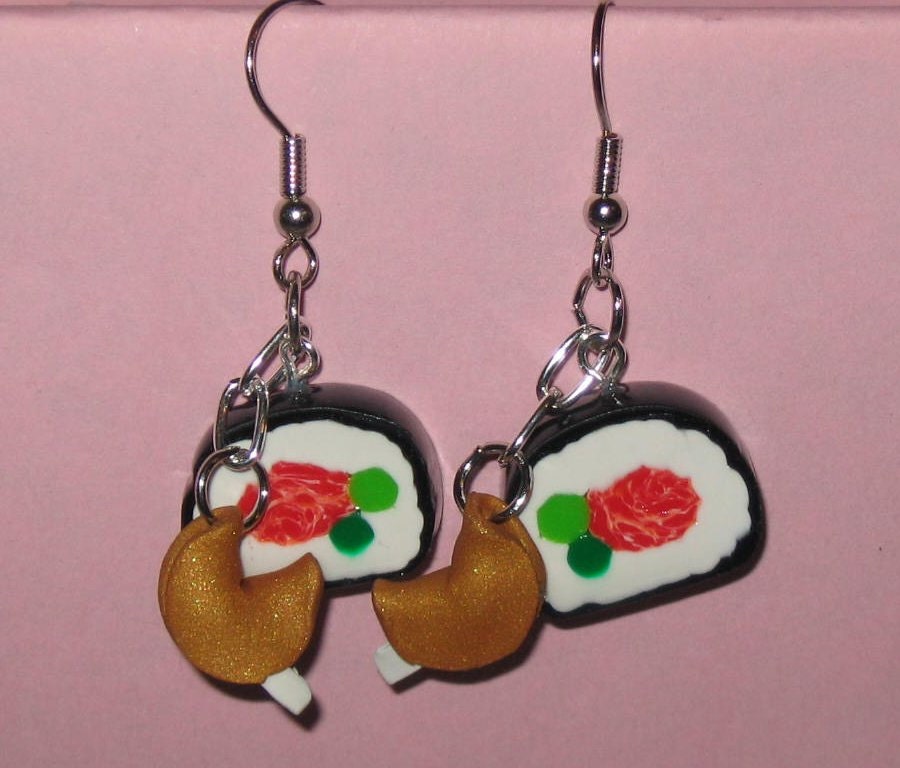 Clay Sushi and Fortune Cookie Dangle Earrings for Pierced Ears