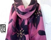 Hand Painted Silk Scarf, Pink Floral Scarf. Pink Silk Scarf. Lilies Japanese Scarf. Silk Charmeuse Scarf. 8x52 in. Made to order.