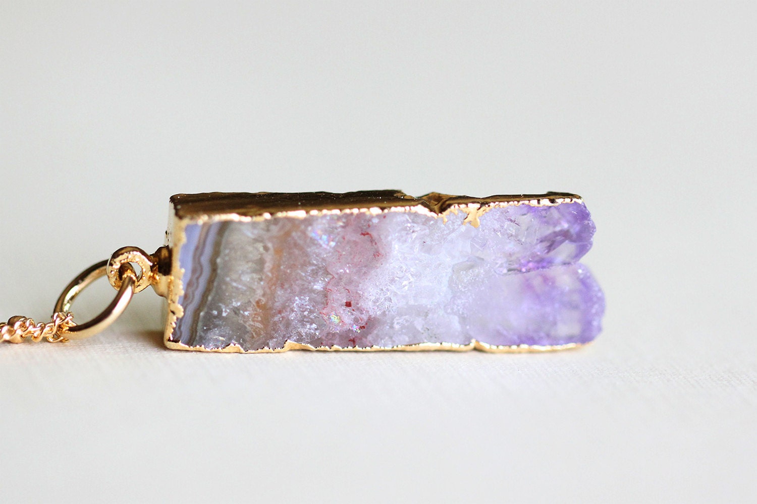Amethyst Slice Necklace - small raw natural amethyst slice on 14k gold filled beaded chain