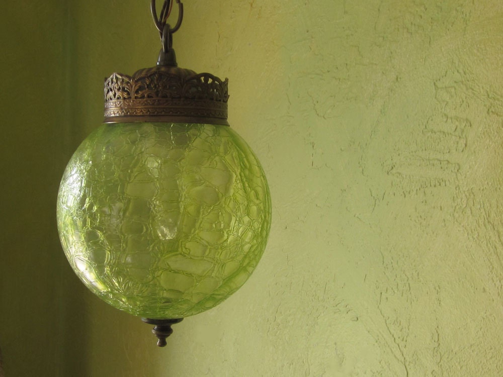 Pendant Light, Green Crackle Glass and Brass