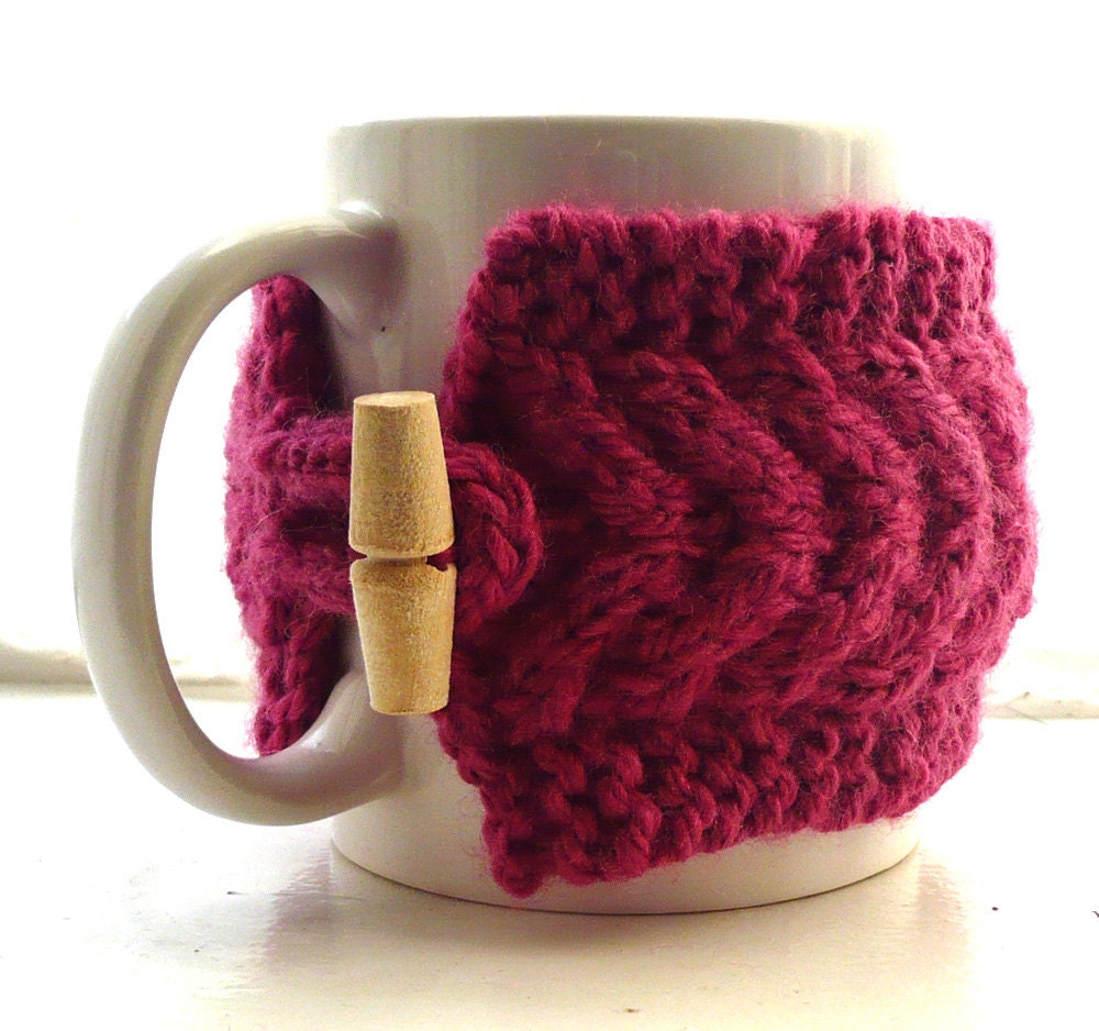 Cup Cozy with Mug Pink Fuchsia Bright Mug Cosy Coffee Cozy Sleeve Wood Wooden Toggle Button Tea Cup Cover Kitchen Farm Country
