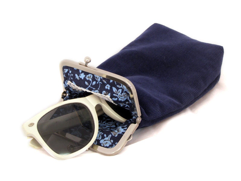 Sunglass Case - Blue Corduroy and Floral cotton- Silver Frame