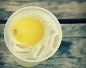 food photography, kitchen art,  yellow print, vintage kitchen, summer, beach, grey, glass, kitchen table  - Lemonade, 8x8 art photograph