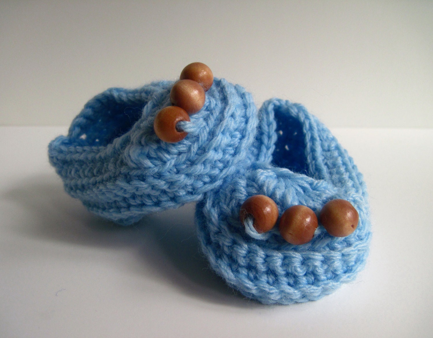 Crochet Baby Booties - Blue with Wood Beads - 3 Months