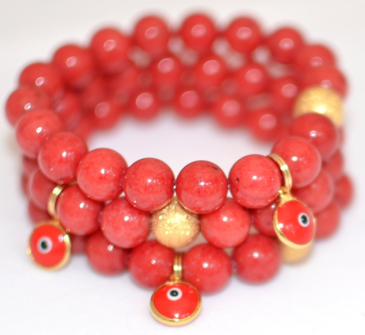 Red Agate Semi Precious Gemstone Beaded Bracelet with Gold Stardust Bead and Glass Evil Eye Charm from Turkey
