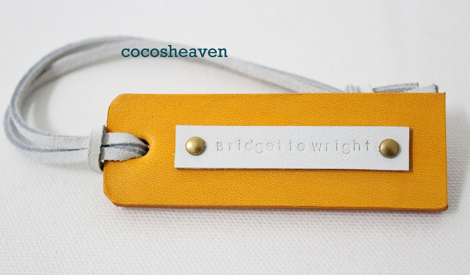 Custom Leather Luggage Tag - (1 Tag)  - Yellow Double Sided - For Her - Perfect Gift for Birthday, Wedding or Anniversary
