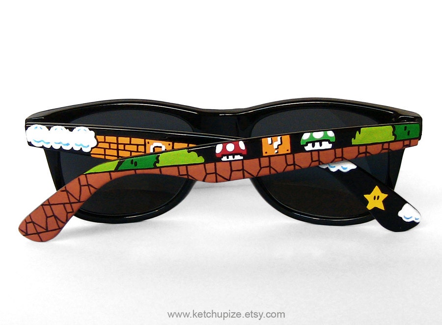 Sunglasses - Custom Wayfarer style sunglasses Super Mario unique hand painted - Piranha Plant - Question block - 1UP Mushroom