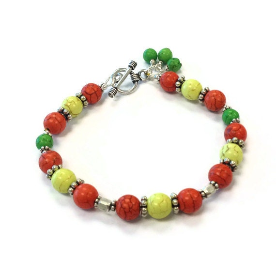 Turquoise Multicolor Bracelet Yellow Orange Green Gemstone Sterling Silver Jewelry Jewellery Bright Colors Summer Fashion Neon B-289