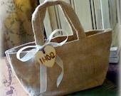 Burlap and Lace Bag Flower Girl Basket Rustic Wedding Decor Personalized Wood Heart Charm