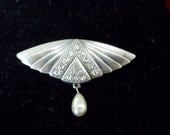 Treaury Item  Vintage French Fan Brooch Rhinestones and Oval Pearl Drop Ooh La La  Treasury Item