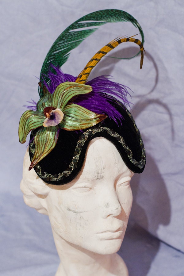 Black Velvet, Lacquered Paper Orchid Fascinator Hat