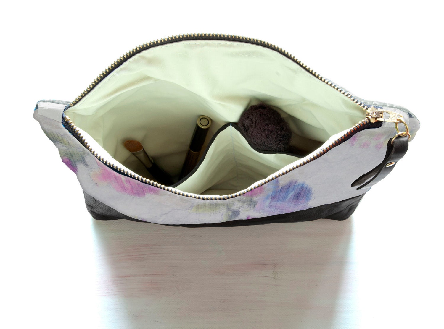 WATER Paints Pastel Leather Clutch. Large Make Up Bag. Watercolor Clutch