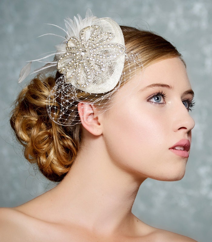 Ivory Bridal Hat, Crystal Wedding Fascinator, Mini Hat, Birdcage Veil, Swarovski Crystal Headpiece - DARLENE - Made to Order
