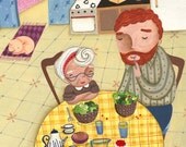Digital print of an illustration made with acrylics for a children book. Having dinner with my friend the giant.