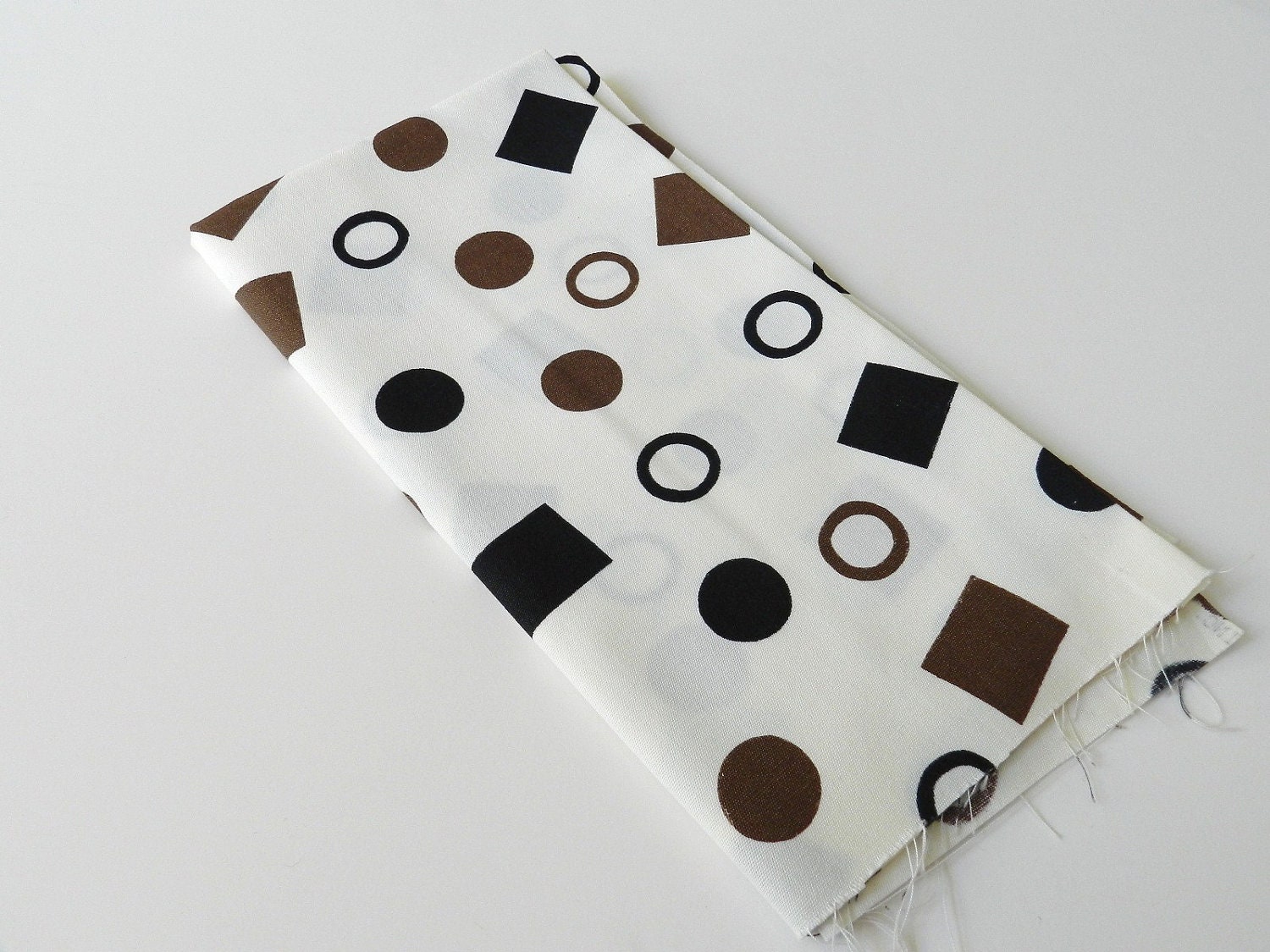 Retro 80s Black and Brown Squares Circles on Cream Background Geometric Mod Fabric 0.5 yard
