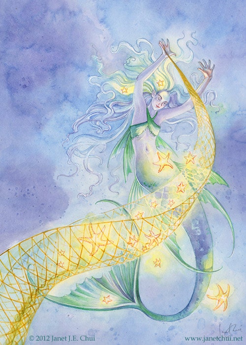 Stardancer: Mermaid Stars Underwater Whimsical Fantasy Art Matted Art Print