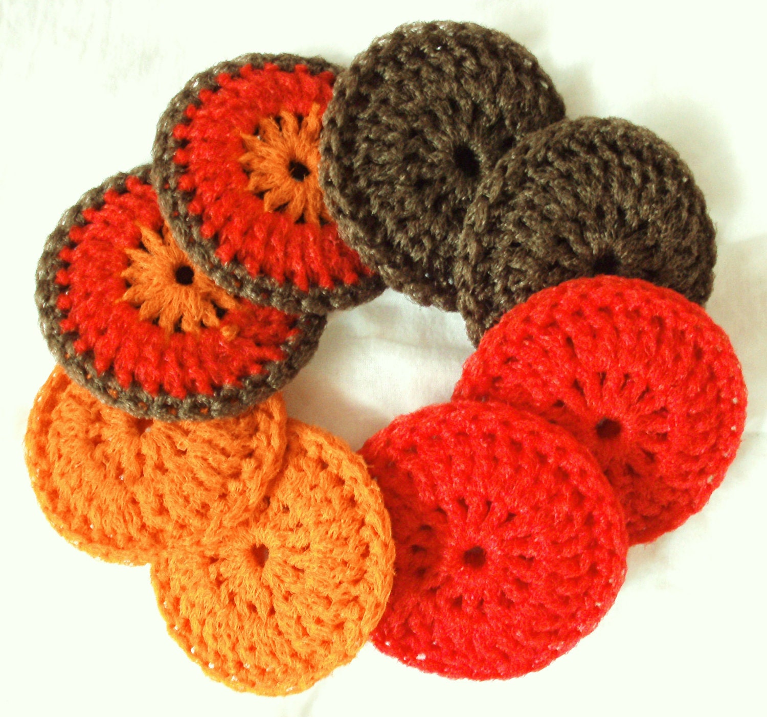 Crocheted Nylon Dish Scrubbies - Fall Foliage Collection - Set of 8 - Brown, Red and Orange Multicolor Scrubbers