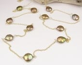 Pearl Necklace, Long Necklace, Layering Necklace, Gold Necklace, Coin Pearls, Gold Pearls, Layering Jewelry, Long Chain, Handwrapped