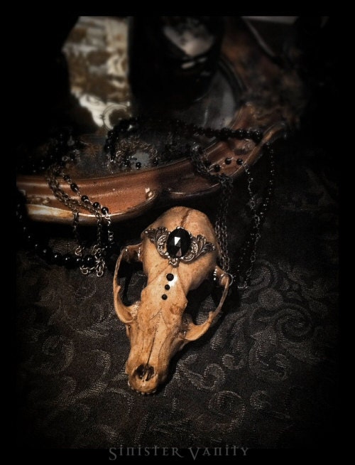 Gothic Skull Necklace Gypsy Necklace Brass Filigree Onyx Glass Stone