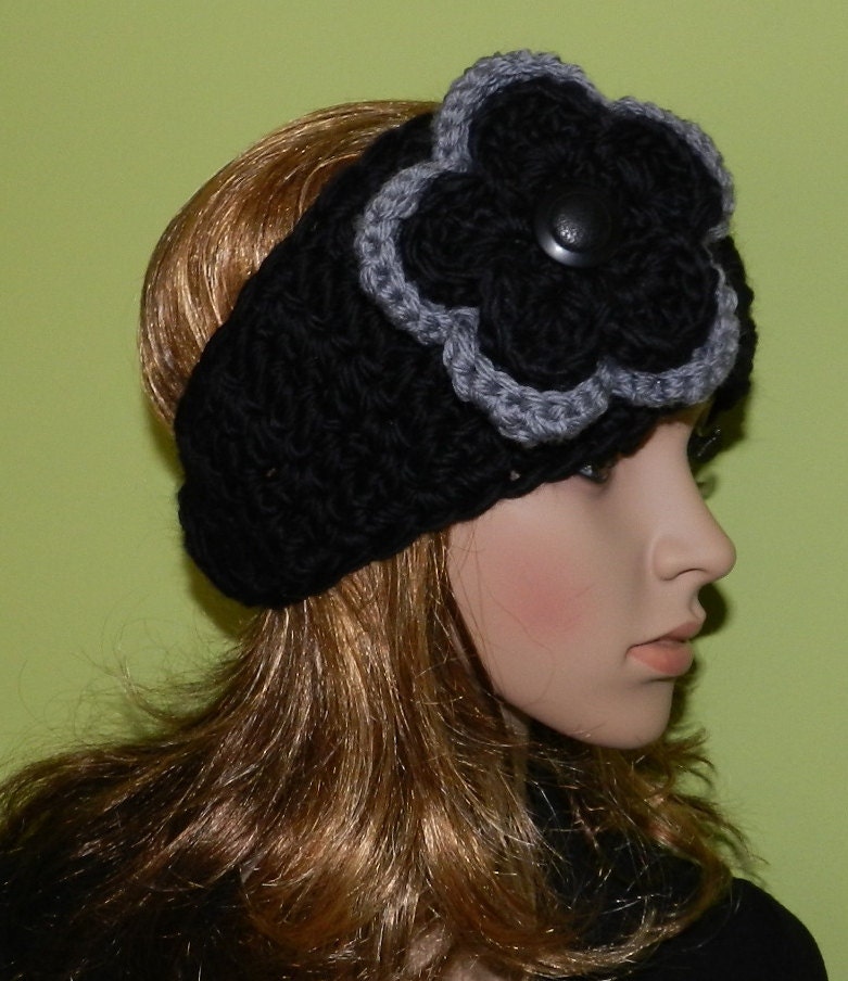 Hand Crochet Womens Headband Head Warmer Headwrap Headband in BLACK color with big flower  PERUVIAN WOOL
